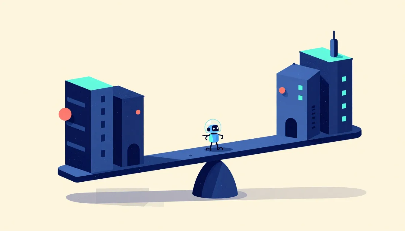 Illustration of a robot balanced on the fulcrum of a giant scale weighing four structures