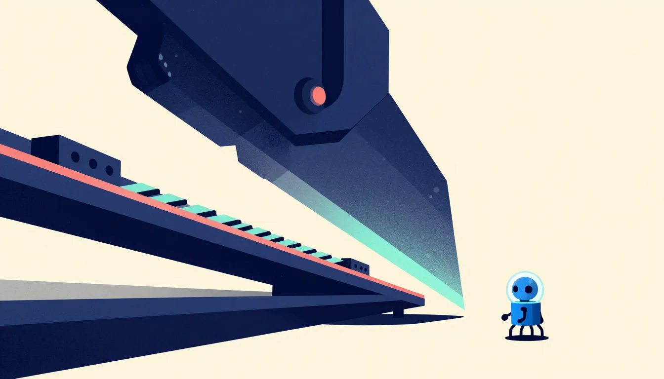 Illustration of an enormous blade slicing a long bar into clips while a robot stands on the empty side
