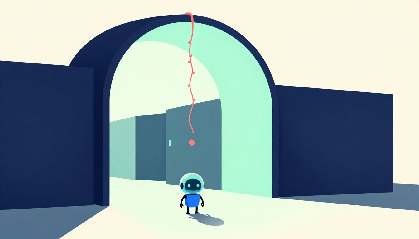Illustration of a robot walking toward a bright open archway with a thin red line hanging from it