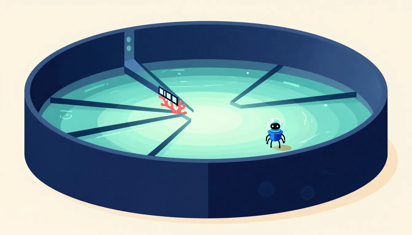 Illustration of a tiny robot standing inside a vast circular reservoir divided into wedges