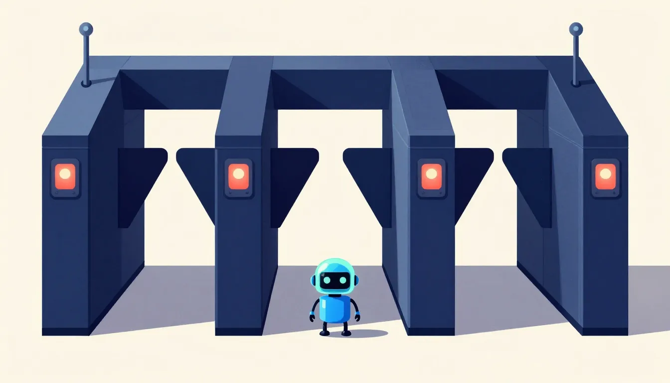 Illustration of a robot facing a row of turnstiles, each with its own red payment light