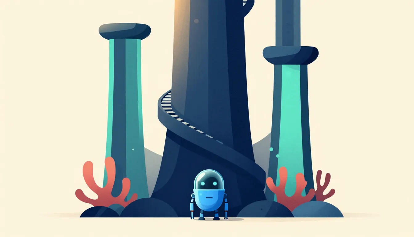 Illustration of a small robot dwarfed by one tall column standing beside shorter ones