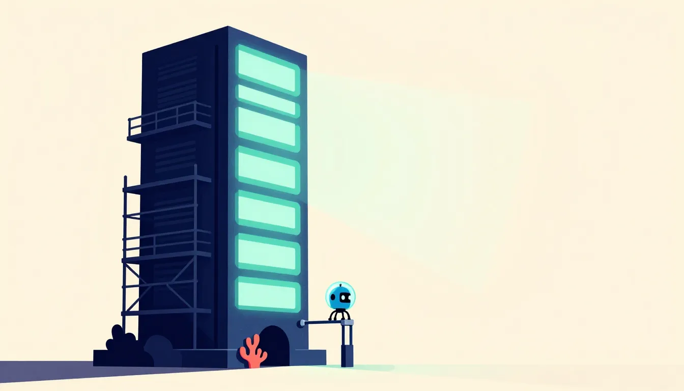 Illustration of a robot beside a tall video tower fitted with glowing caption panels and scaffolding