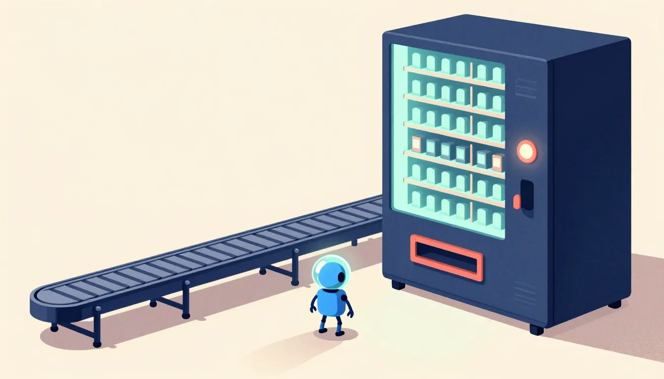Illustration of a robot facing a vending machine of model slots beside an unused conveyor belt