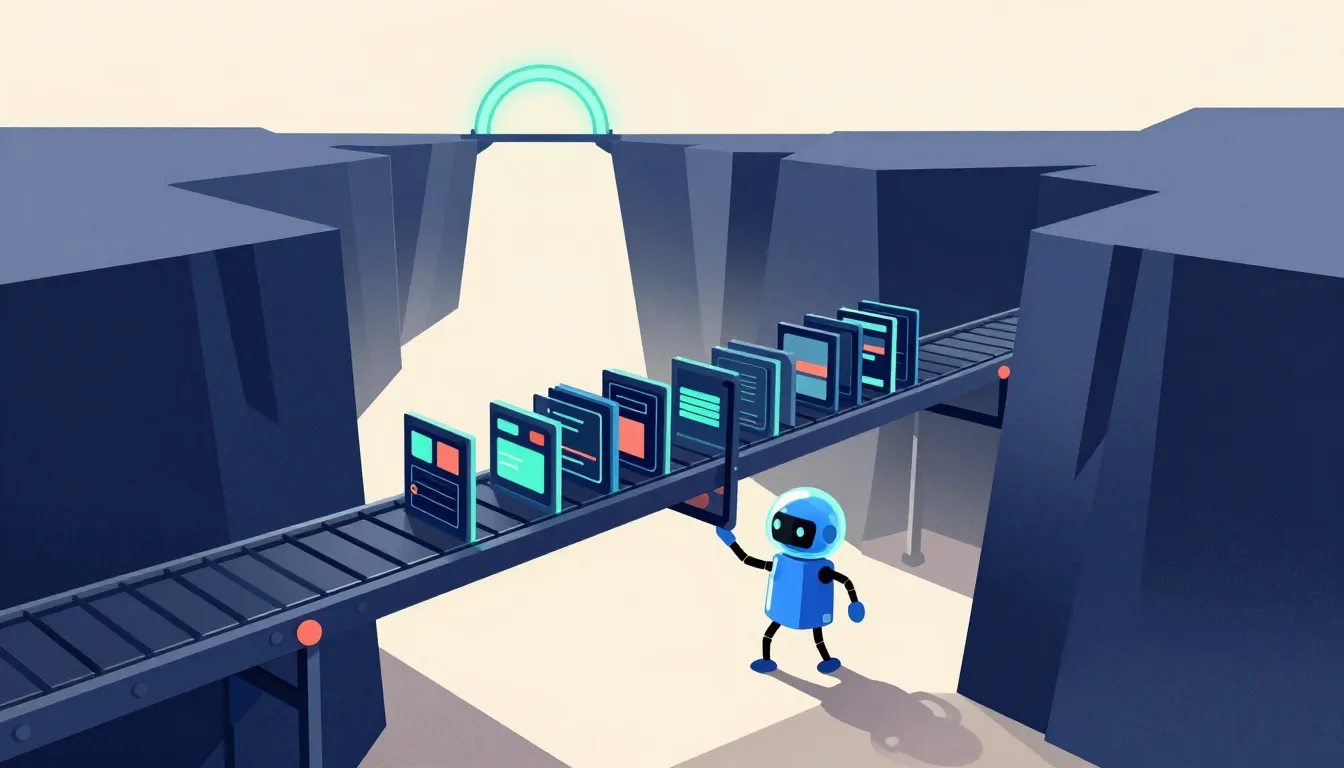 Illustration of finished video panels piling up on a conveyor at the edge of a chasm, the upload arch on the far side