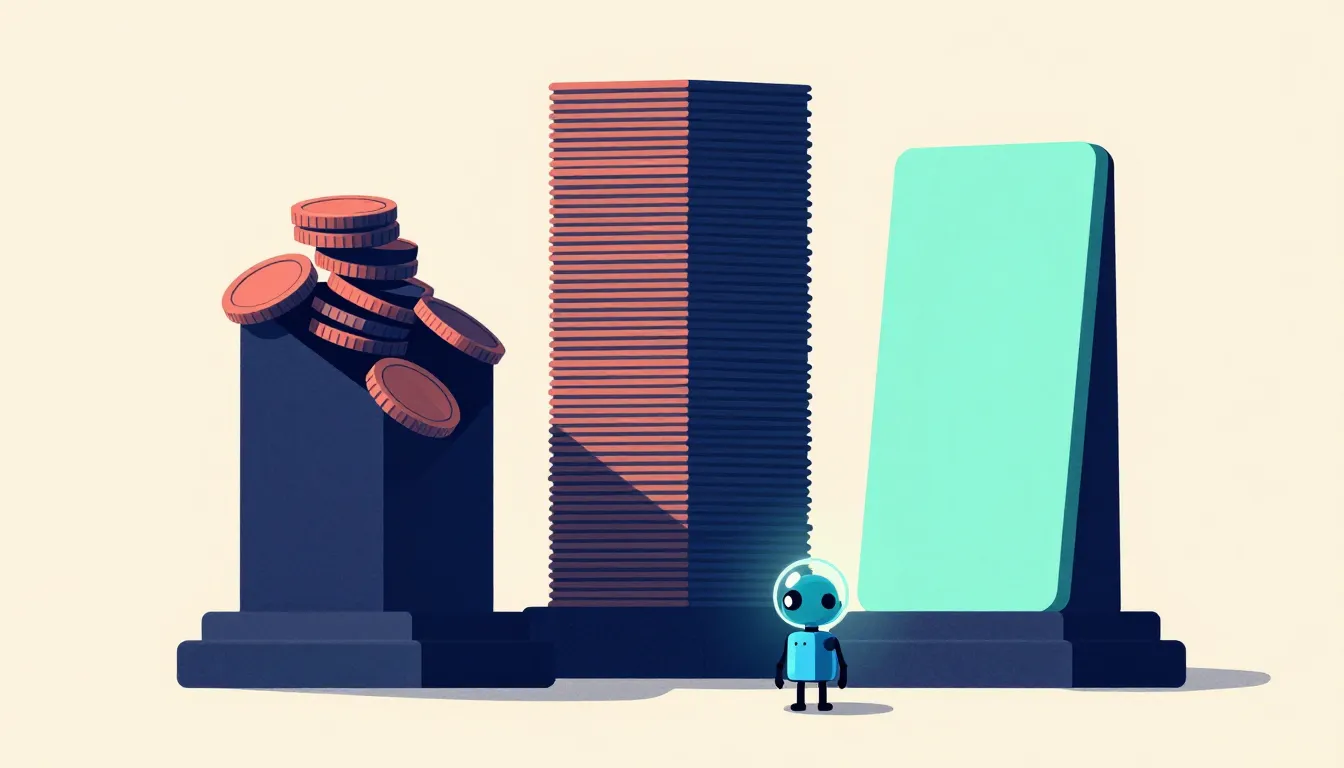 Illustration of a small robot facing three pedestals: toppling coins, a stack of cards, and one solid slab
