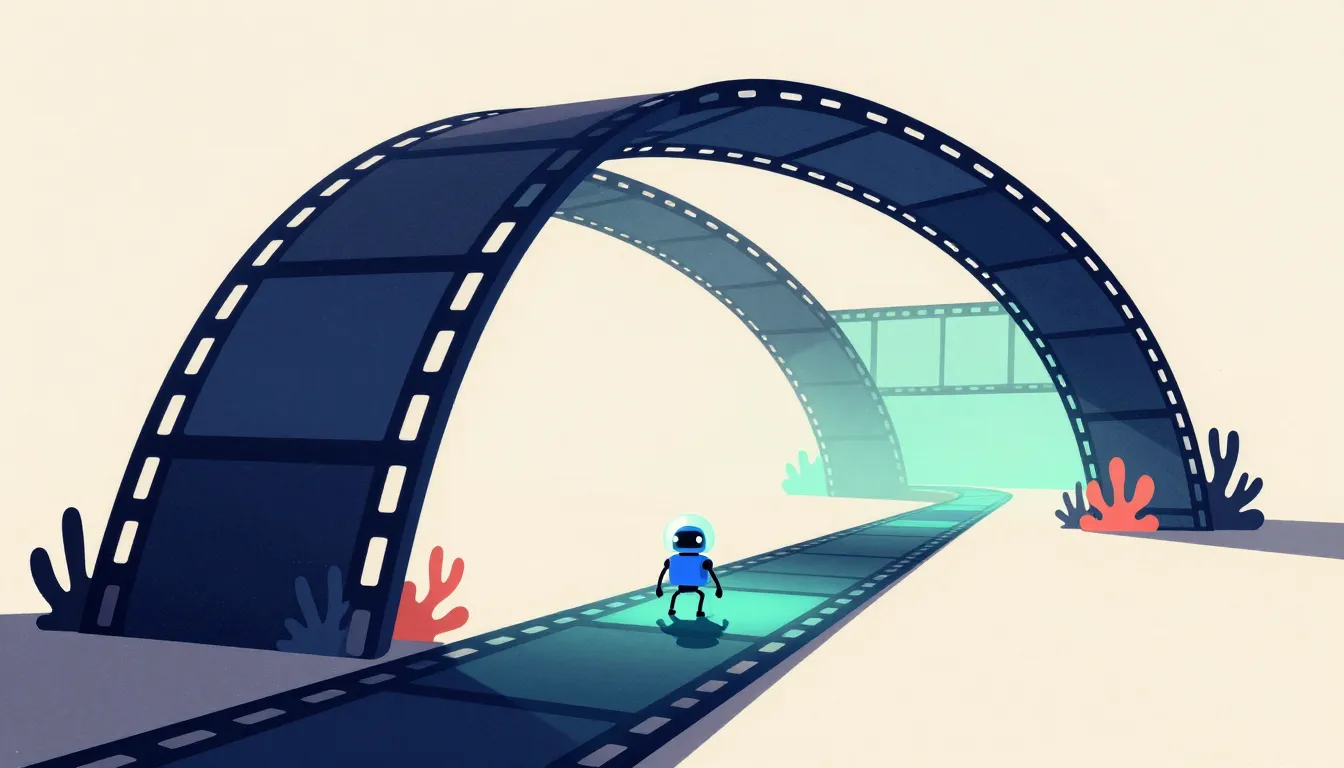 Illustration of a robot walking along an enormous filmstrip that arcs overhead into the distance